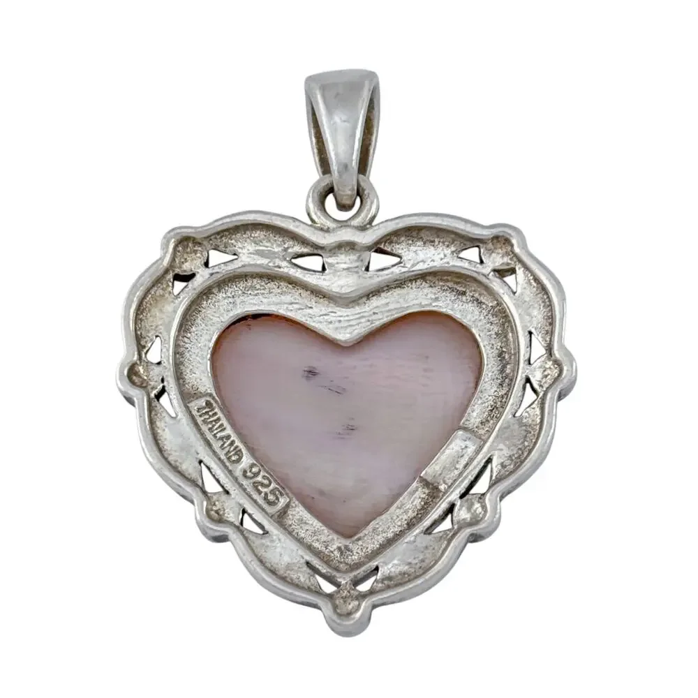 Vintage Sterling Silver 925 Mother of Pearl Marcasite Heart Pendant